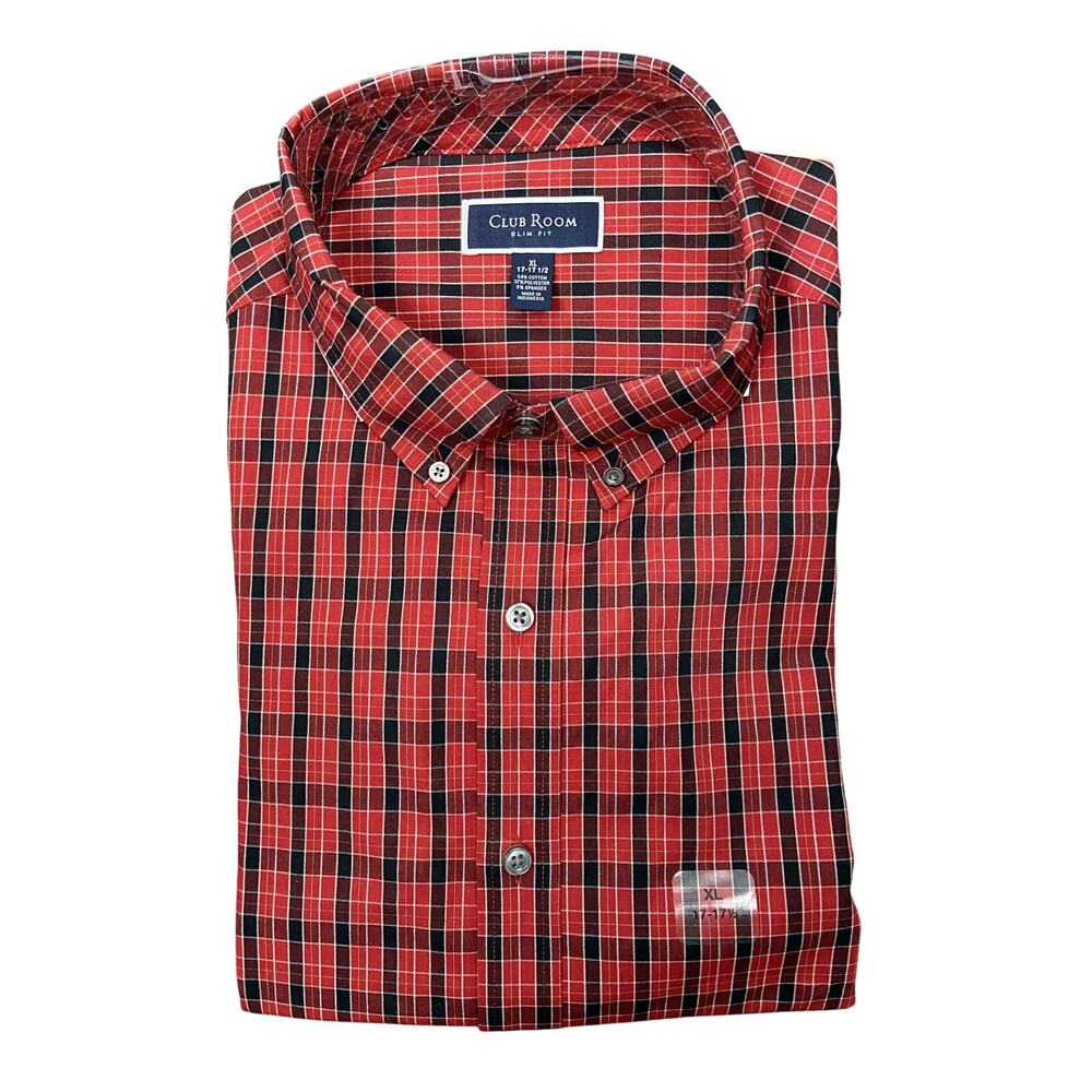 Club Room Men's XL 17-17.5 Slim Fit Short Sleeve Shirt Stretch Red & Black NEW